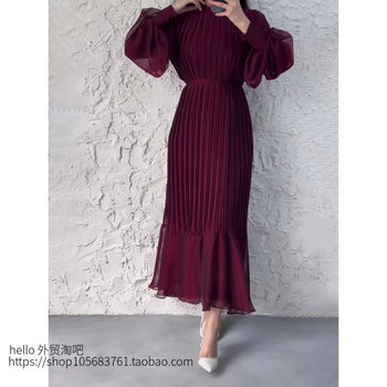 European and American New Style Elegant Round Necked Pleated Dress with Tie Waist