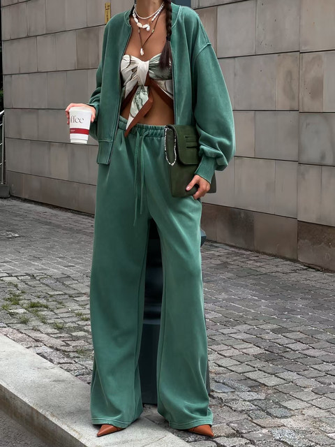 European and American style zipper long-sleeved loose sweatshirt high-waisted straight pants set Loose top and pants set