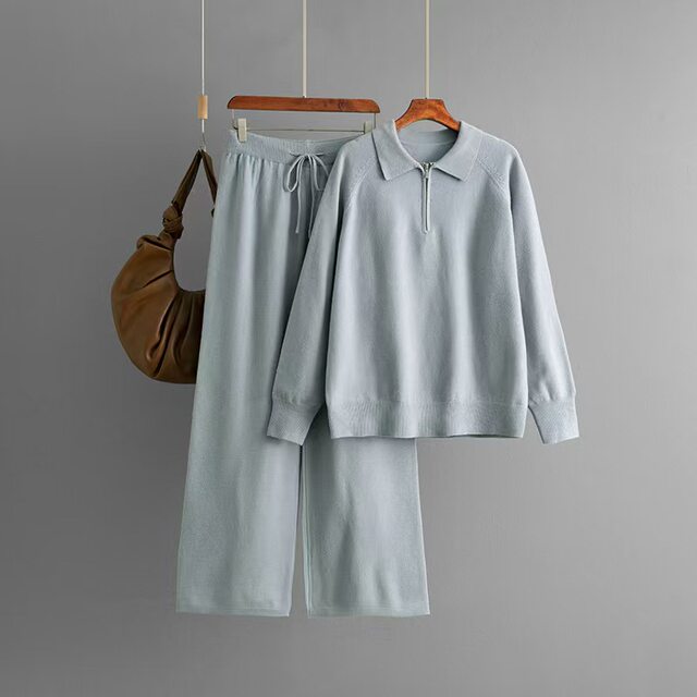 European and American New Fashion Half-Zip Lapel Knit Sweater and Pants Set