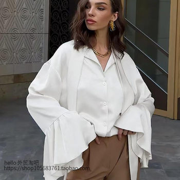 European and American Style Satin Flared Sleeve Lace-Up Shirt