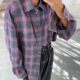European and American Retro Lapel Loose Plaid Long-Sleeve Pocket Shirt