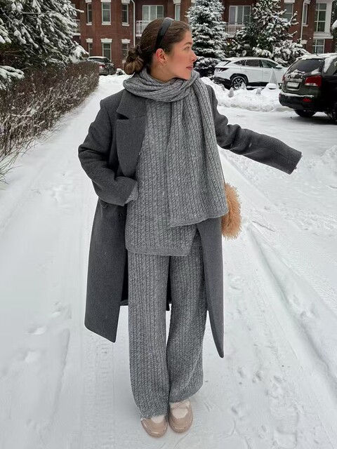 European and American New Fashion Casual Loose Knit Sweater + Wide-Leg Pants Set