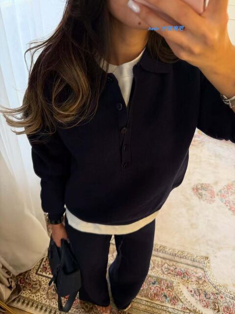 European and American Style Solid Color Lapel Button Knit Top and Pants Set