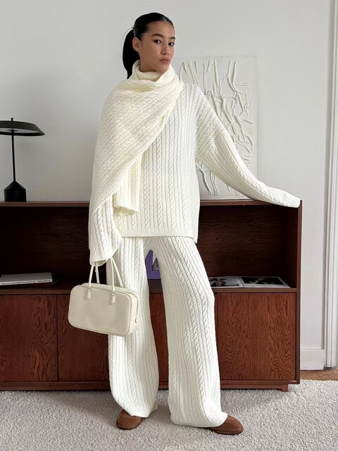European and American New Fashion Casual Loose Knit Sweater + Wide-Leg Pants Set