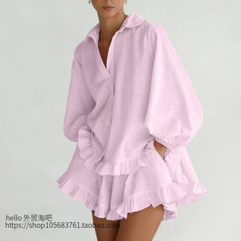 European and American Style New Fashion Lapel Long-Sleeved Ruffled Shirt and Shorts Set