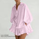European and American Style New Fashion Lapel Long-Sleeved Ruffled Shirt and Shorts Set