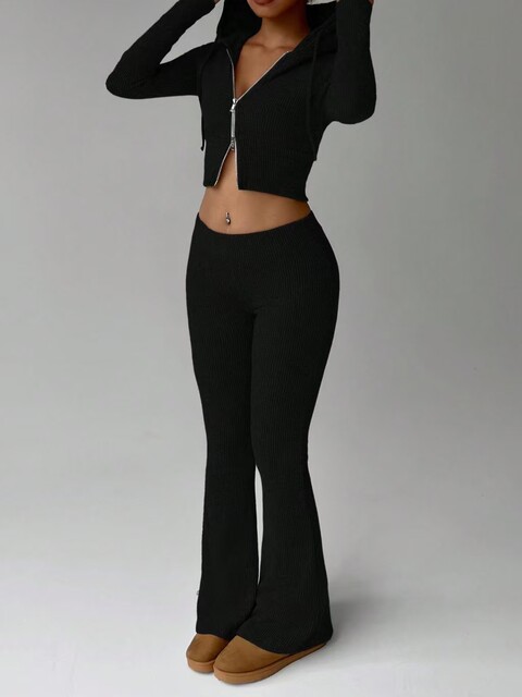 European and American Style New Solid Color Slim-Fit Zip-Up Hooded Top and Casual Pants Two-Piece Set