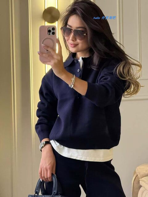 European and American Style Solid Color Lapel Button Knit Top and Pants Set