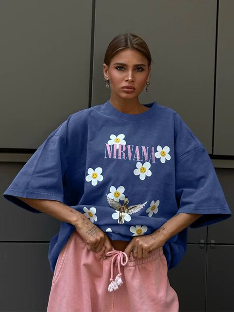 European and American New Fashion Washed Loose Vintage Casual Printed T-Shirt Top Loose Printed T-Shirt