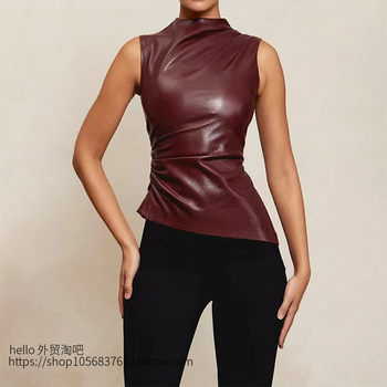 European and American New Style Pu Leather Stacked Collar Waist-Cinching Asymmetrical Sleeveless Vest Top