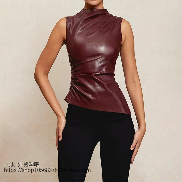 European and American New Style Pu Leather Stacked Collar Waist-Cinching Asymmetrical Sleeveless Vest Top