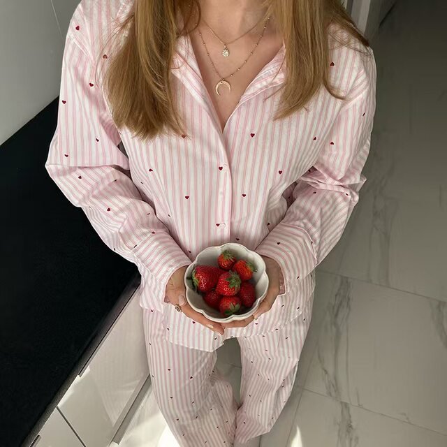 European and American Style New Casual Loose Striped Shirt and Pants Loungewear Set