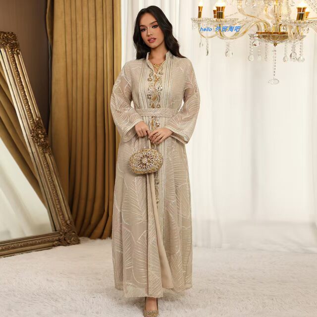 New Middle Eastern Women's Fashion Mesh Sequined Appliqué Robe Dress Sequined Robe Dress