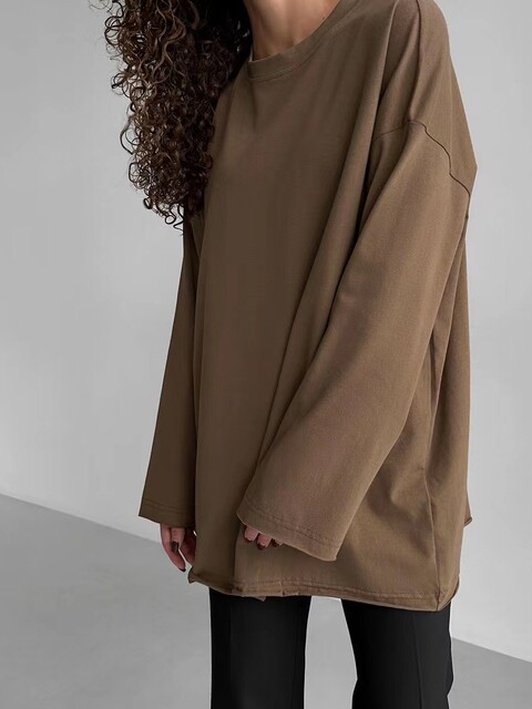 European and American style new loose solid round neck long-sleeved T-shirt Loose solid round neck T-shirt