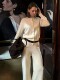European and American style new casual knitted cardigan sweater trousers set Knitted top and pants set