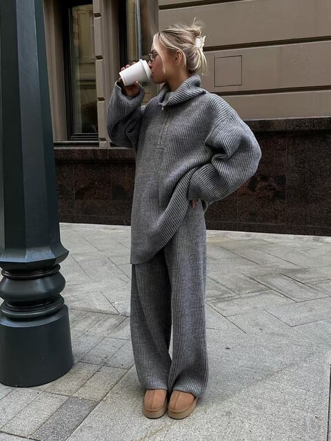 European and American Style New Half-Zip Knitted Lapel Sweater Wide-Leg Pants Set Sweater and Pants Set