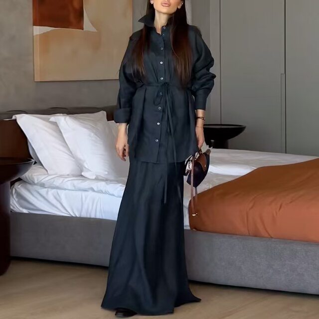 European and American style fashionable lapel loose long-sleeved shirt high-waisted skirt set Shirt and skirt set