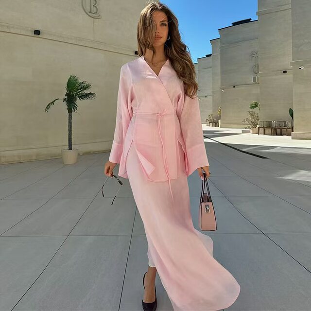 European and American New Style Solid Color V-Neck Tie-Up Cardigan Top and High-Waisted Skirt Set Shirt and Skirt Set