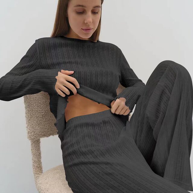 European and American Style Ruffled Knit Loose Comfortable Top and Pants Set Loungewear Set