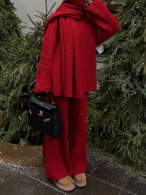 European and American New Fashion Casual Loose Knit Sweater + Wide-Leg Pants Set