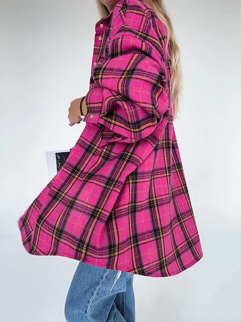 European and American Style Fashion Loose-Fitting Rose Red Plaid Long-Sleeved Shirt