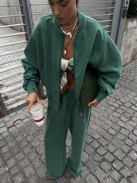 European and American style zipper long-sleeved loose sweatshirt high-waisted straight pants set Loose top and pants set