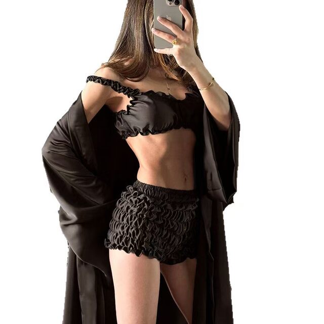 European and American Style Long-Sleeved Cardigan, Sexy Tank Top, Shorts Three-Piece Home Suit