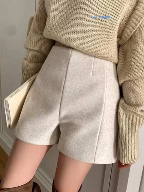 European and American Style New Autumn and Winter High-Waisted Woolen Shorts, Loose Casual Wide-Leg Pants High Waisted Shorts