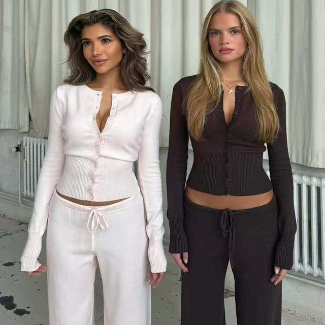 European and American Style New Fashion Casual Knitted Cardigan Sweater and Pants Set