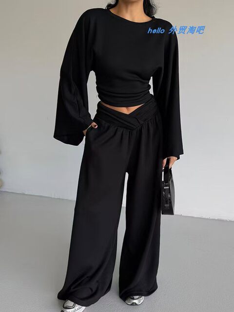 European and American Style New Waist-Cinching Bell-Sleeve Top and Wide-Leg Pants Casual Fashion Set Top and Pants Set