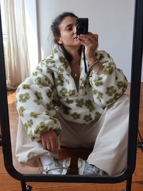 European and American Fashion Casual Loose Fleece Floral Pullover Sweatshirt Top Loose Half Zipper Top