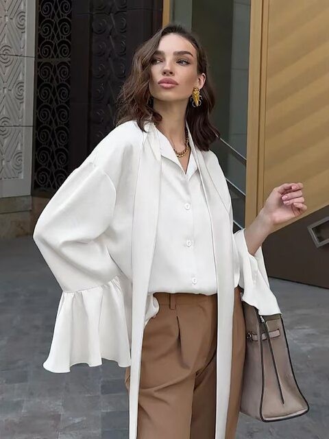 European and American Style Satin Flared Sleeve Lace-Up Shirt