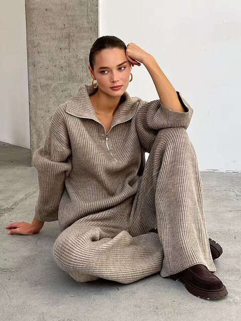 European and American Style New Half-Zip Knitted Lapel Sweater Wide-Leg Pants Set Sweater and Pants Set