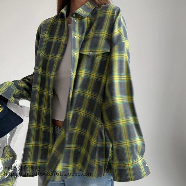 European and American Retro Lapel Loose Plaid Long-Sleeve Pocket Shirt