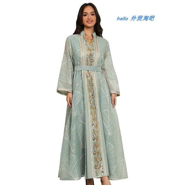 New Middle Eastern Women's Fashion Mesh Sequined Appliqué Robe Dress Sequined Robe Dress