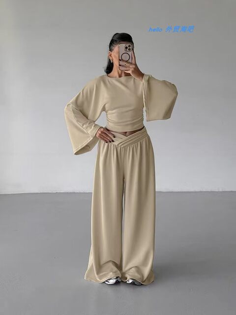European and American Style New Waist-Cinching Bell-Sleeve Top and Wide-Leg Pants Casual Fashion Set Top and Pants Set