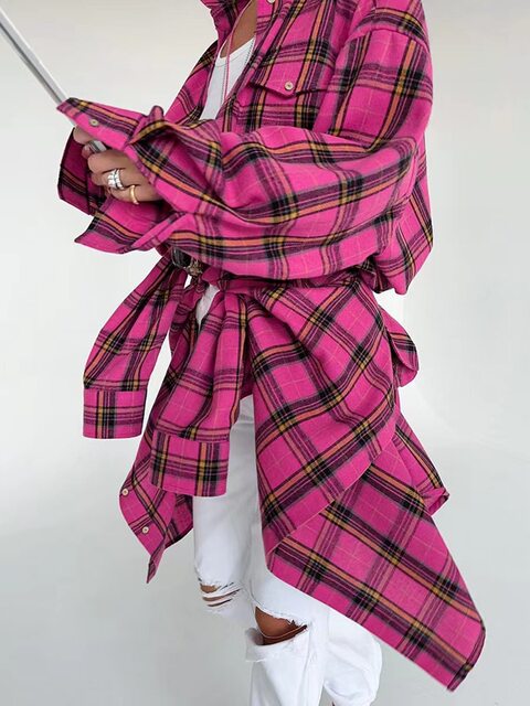 European and American Style Fashion Loose-Fitting Rose Red Plaid Long-Sleeved Shirt