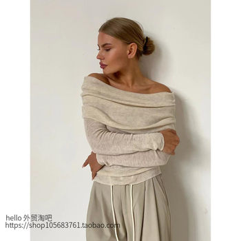 European and American New Style Sexy Slim-Fit Off-Shoulder Long-Sleeve Knit Top Sexy One Line Neck Knit Top