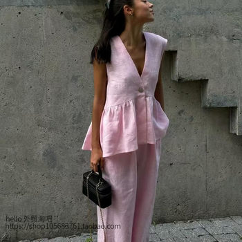European and American Style New V-Neck Sleeveless Top Vest and Long Pants Set V-Neck Vest Long Pants Set