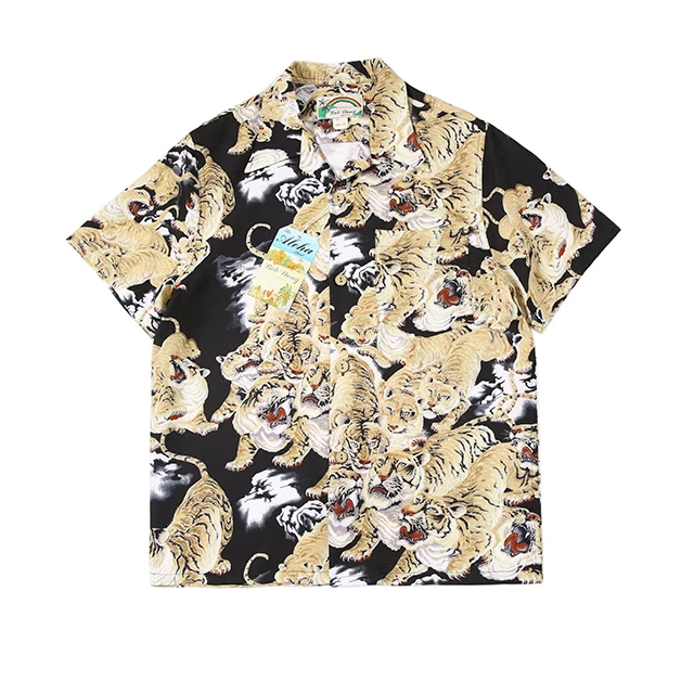 Hawaii Aloha Shirts Cuban Leading Baihu pattern Hawaii retro casual short -sleeved shirt