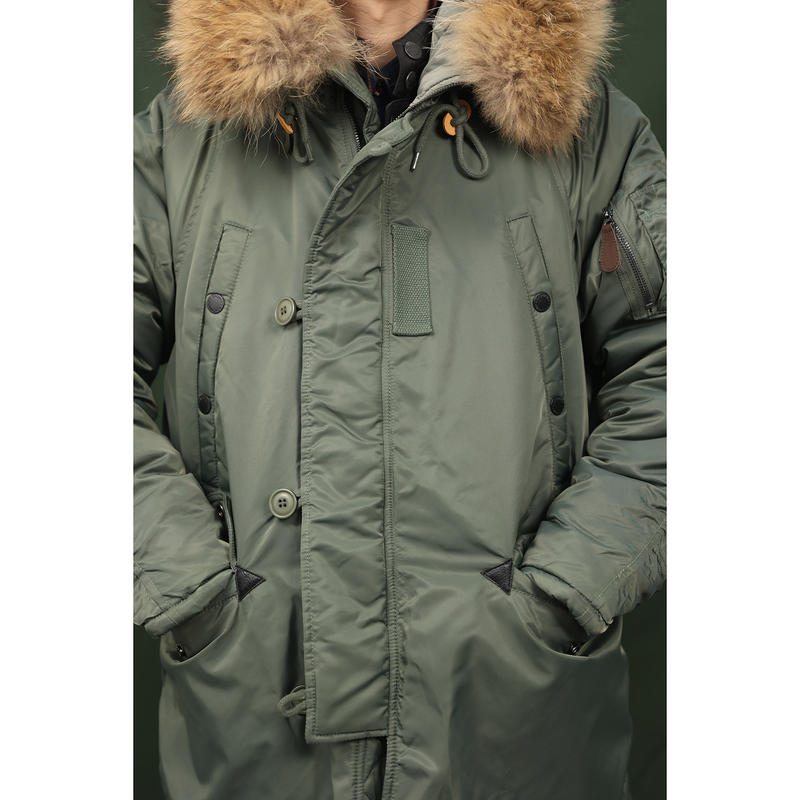 N3B Parka Mid-Length Hooded Cotton Parka Flight Jacket with Detachable Raccoon Fur Collar