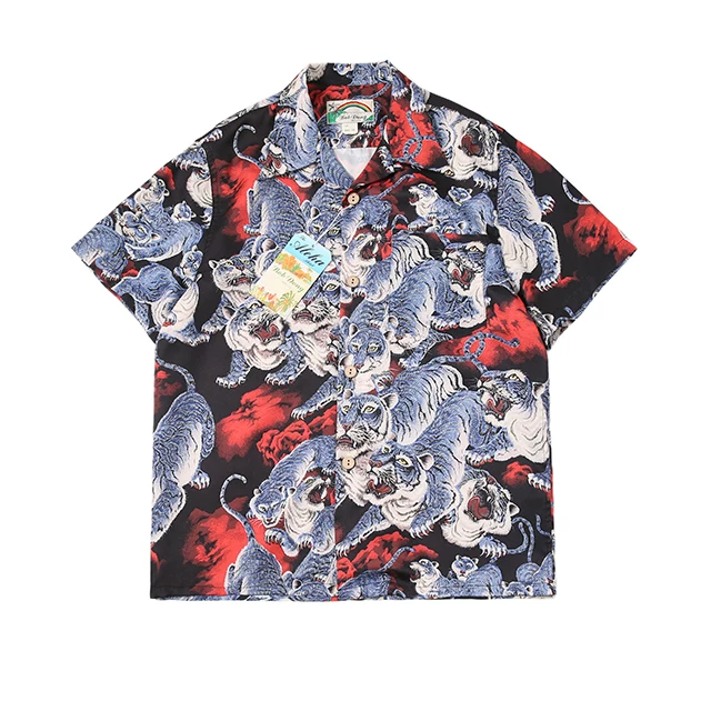 Hawaii Aloha Shirts Cuban Leading Baihu pattern Hawaii retro casual short -sleeved shirt