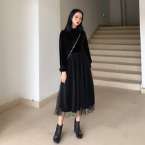 French small crowddress Dress Autumn Winter Temperament Velvet Long Sleeve Bottom Skirt French Girl Tea Hysteria Dresses Over Kneecap Long Skirt