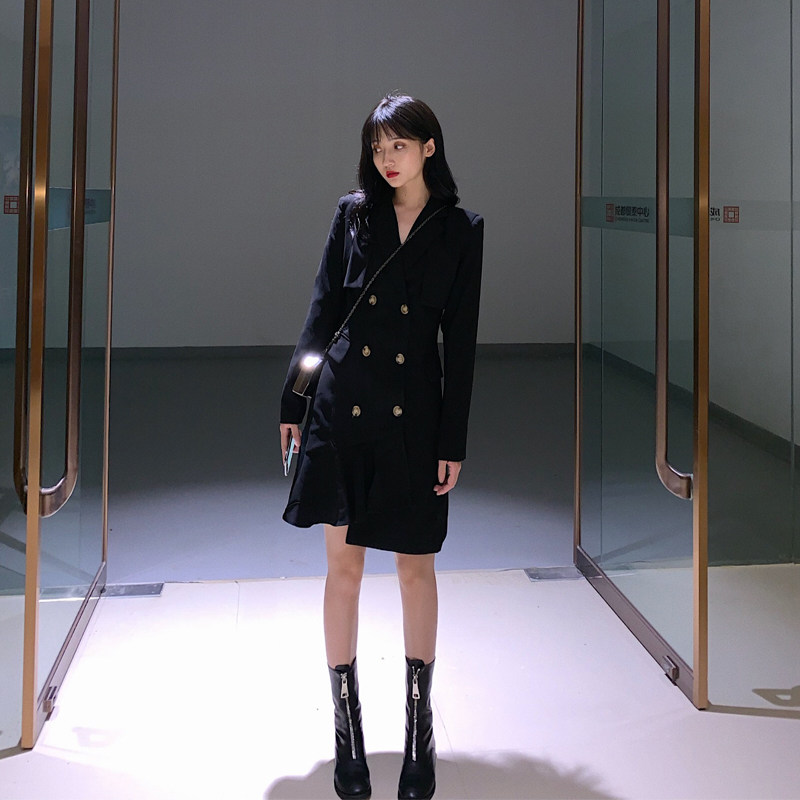 Little black dress asymmetric chic Hong Kong style mid-length shoulder pad suit dress design sense first love temperament autumn and winter
