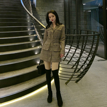 Collection waist display slim medium length suit skirt style retro plaid long sleeve one-piece dress with little fragrant wind temperament skirt Child autumn