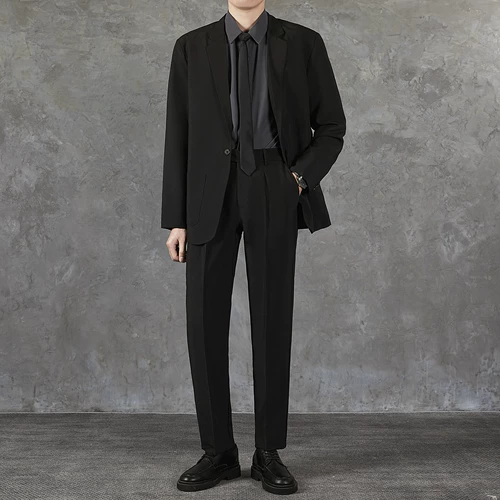 Костюм, штаны, комплект, пиджак классического кроя, свободный прямой крой, изысканный стиль, в корейском стиле