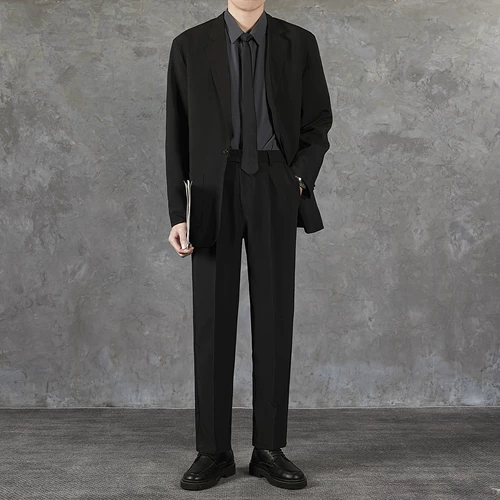 Костюм, штаны, комплект, пиджак классического кроя, свободный прямой крой, изысканный стиль, в корейском стиле