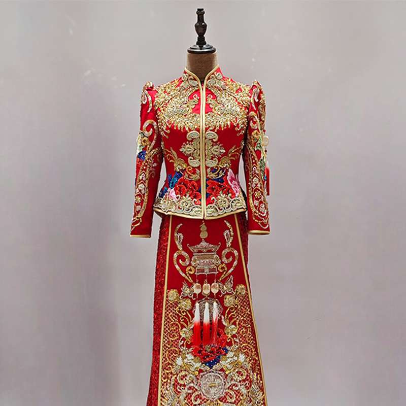 Clearance Sale, 90% New Malay Gown, Indian Silk, New Chinese Style Bridal Wedding Dress, Festive Dress, Xiuhe Fishtail