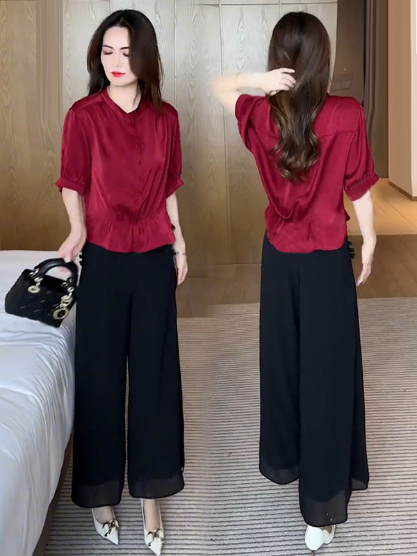 Fashionable and Elegant Women's Summer Outfit, New High-End Style, Loose and Slimming Chiffon Shirt and Wide-Leg Pants Two-Piece Set Fashionable and Elegant Women's Summer Outfit, New High-End Style, Loose and Slimming Chiffon Shirt and Wide-Leg Pants Two-Piece Set