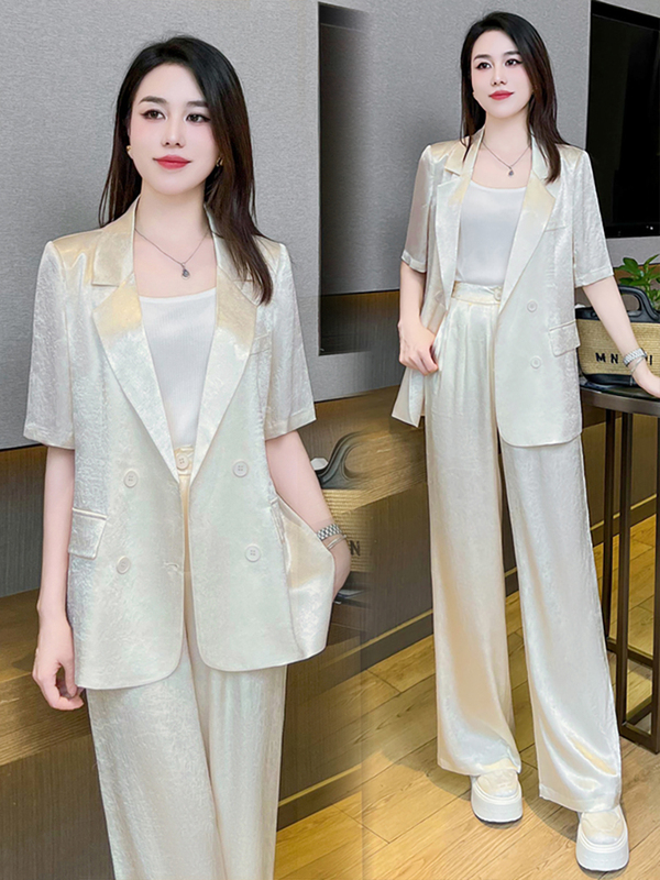 High-End Women's Suit Set for Summer, New Style, Elegant, Slimming, Casual Ice Silk Short-Sleeved Blazer with Wide-Leg Trousers, Two-Piece Set